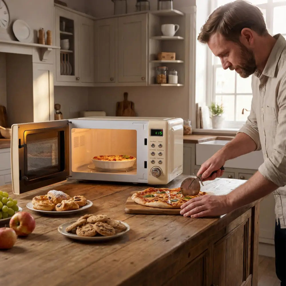 700W Retro Countertop Microwave Oven with 5 Micro Power and Auto Cooking Function-Cream White - Cream White - Toaster