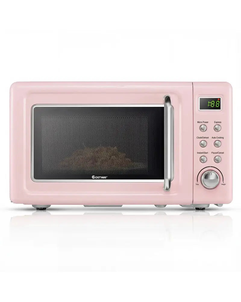 700W Retro Countertop Microwave Oven with 5 Micro Power and Auto Cooking Function-Pink - Pink - Toaster Ovens
