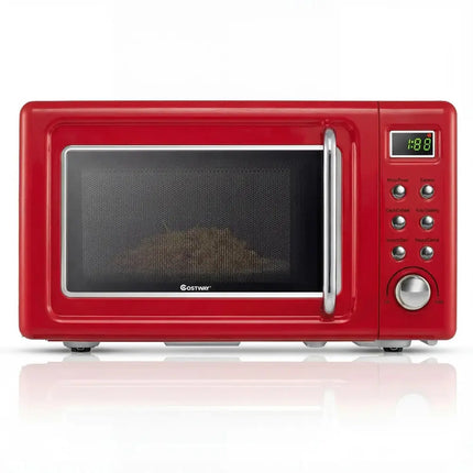 700W Retro Countertop Microwave Oven with 5 Micro Power and Auto Cooking Function-Light Red Costway