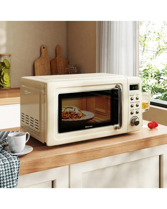 700W Retro Countertop Microwave Oven with 5 Micro Power and Auto Cooking Function-Cream White - Cream White - Toaster
