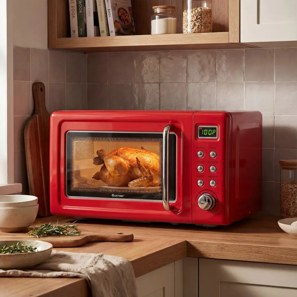 700W Retro Countertop Microwave Oven with 5 Micro Power and Auto Cooking Function-Light Red - Black & Red - Toaster