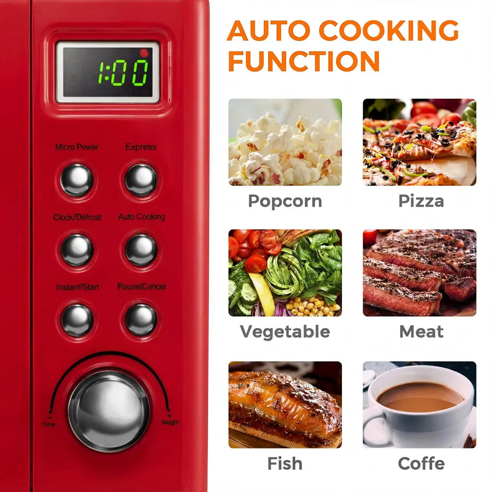 700W Retro Countertop Microwave Oven with 5 Micro Power and Auto Cooking Function-Light Red - Black & Red - Toaster