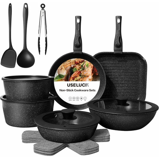 USELUCI non-stick cookware set with utensils on a white background