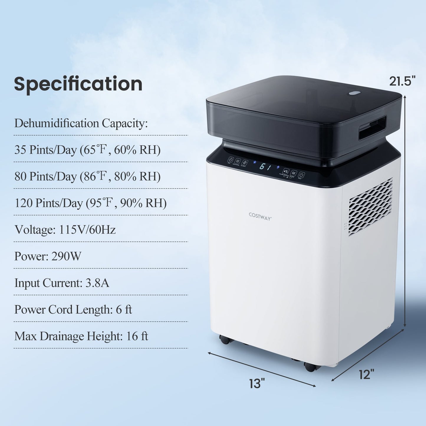 70/90 Pint 4500/6000 Sq. Ft Dehumidifier with Continuous and Auto Mode-90 Pints