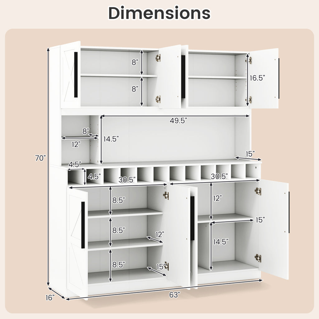 70 Inch Farmhouse Pantry Cabinet Kitchen Buffet Hutch with 4 Cabinets and 2 Open Shelves-White