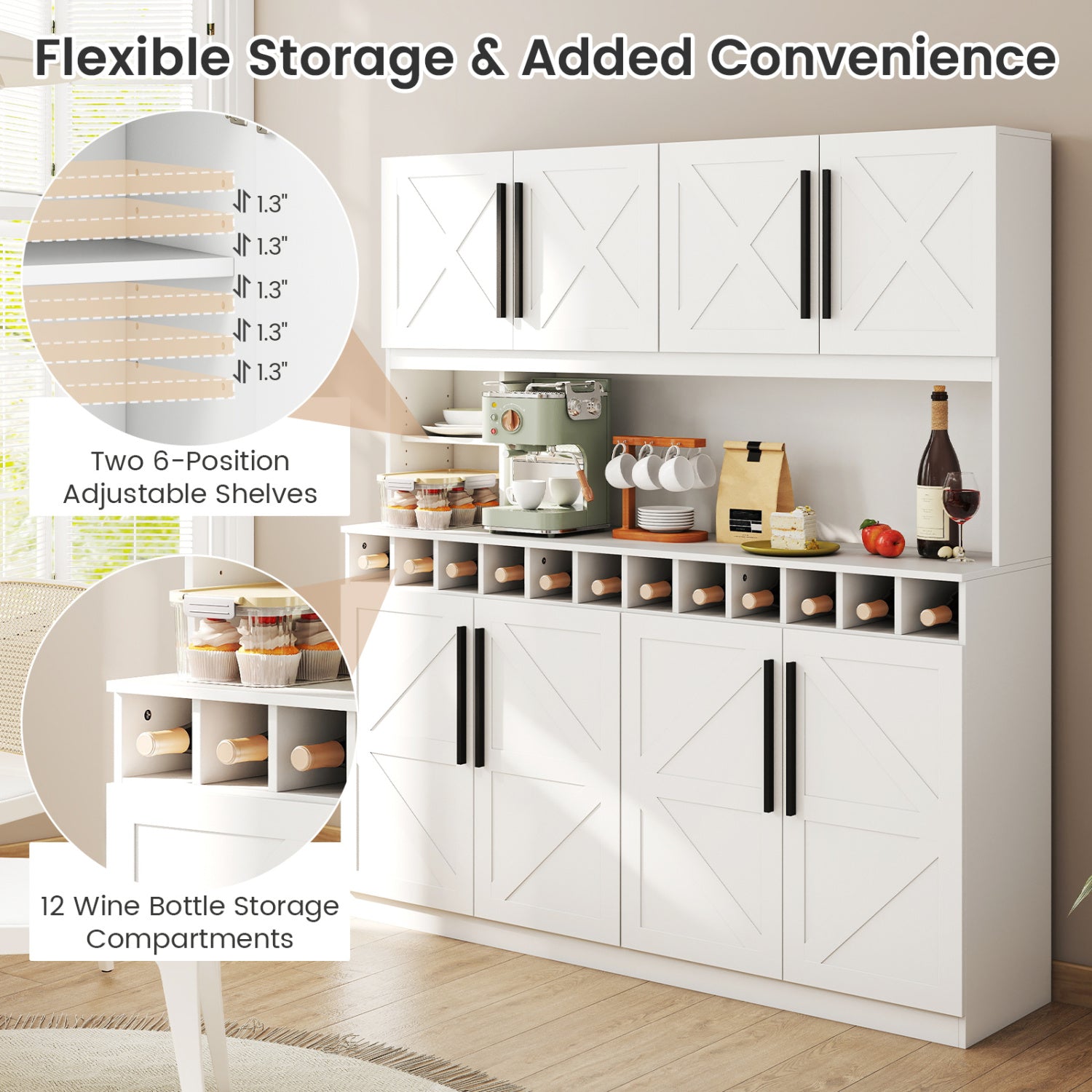 70 Inch Farmhouse Pantry Cabinet Kitchen Buffet Hutch with 4 Cabinets and 2 Open Shelves-White