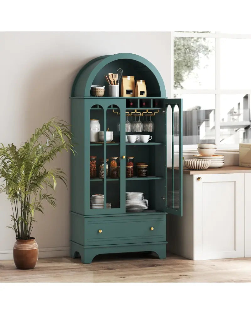 71.5 Inch Arched Cabinet 5-Tier with Tempered Glass Doors and Wine Rack-Green - Green - Sideboards Cabinets & Buffets