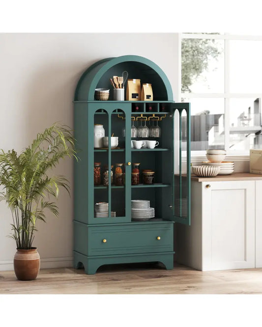 71.5 Inch Arched Cabinet 5-Tier with Tempered Glass Doors and Wine Rack-Green - Green - Sideboards Cabinets & Buffets