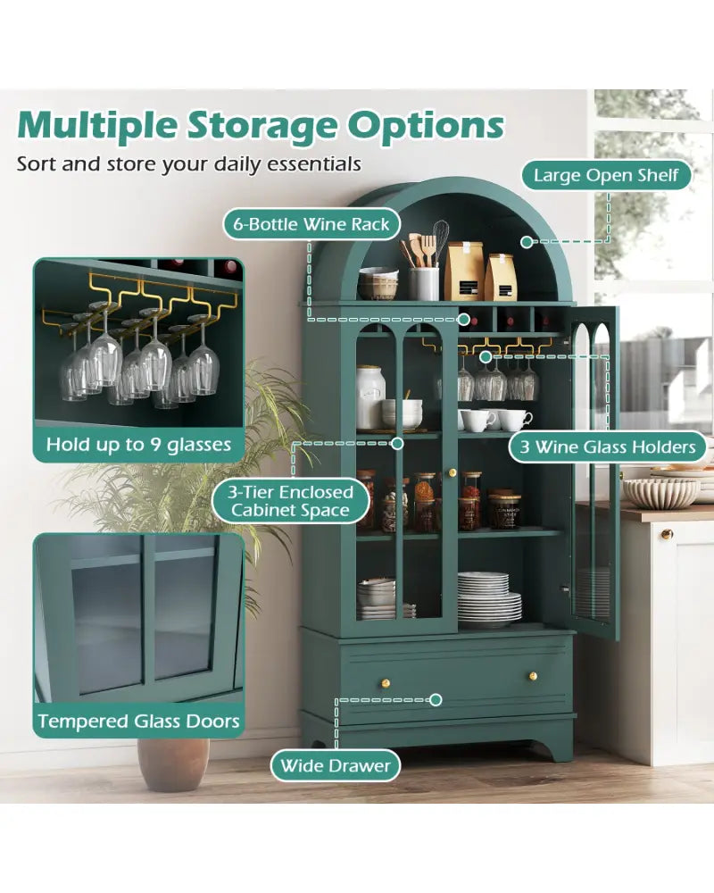 71.5 Inch Arched Cabinet 5-Tier with Tempered Glass Doors and Wine Rack-Green - Green - Sideboards Cabinets & Buffets