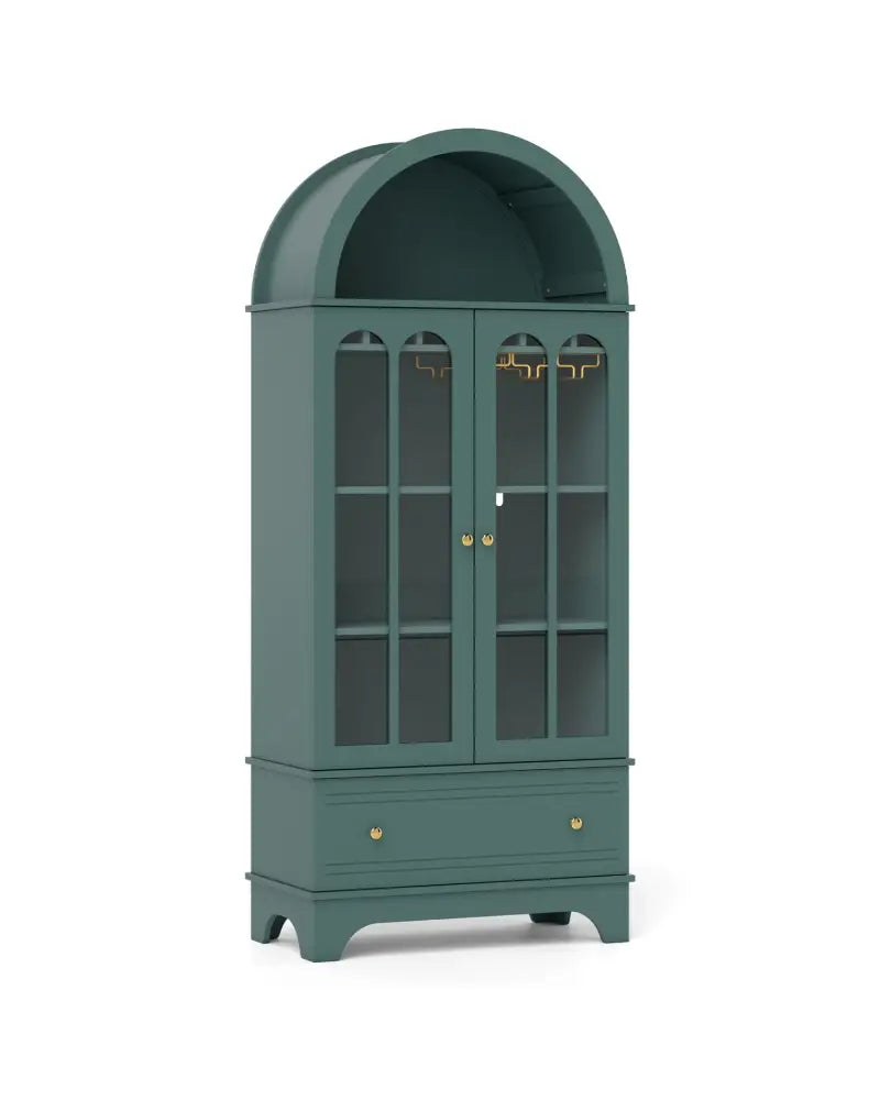 71.5 Inch Arched Cabinet 5-Tier with Tempered Glass Doors and Wine Rack-Green - Green - Sideboards Cabinets & Buffets