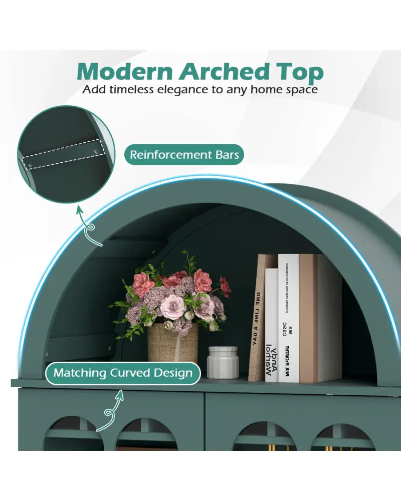 71.5 Inch Arched Cabinet 5-Tier with Tempered Glass Doors and Wine Rack-Green - Green - Sideboards Cabinets & Buffets