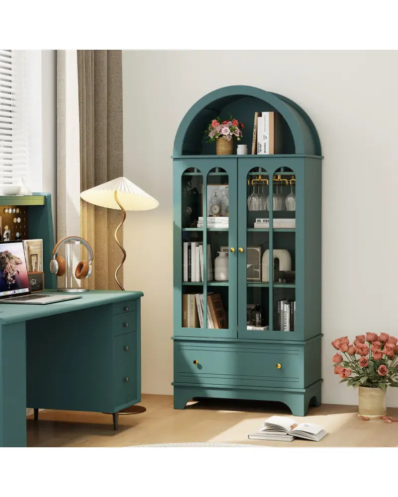 71.5 Inch Arched Cabinet 5-Tier with Tempered Glass Doors and Wine Rack-Green - Green - Sideboards Cabinets & Buffets