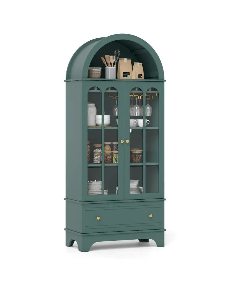 71.5 Inch Arched Cabinet 5-Tier with Tempered Glass Doors and Wine Rack-Green - Green - Sideboards Cabinets & Buffets