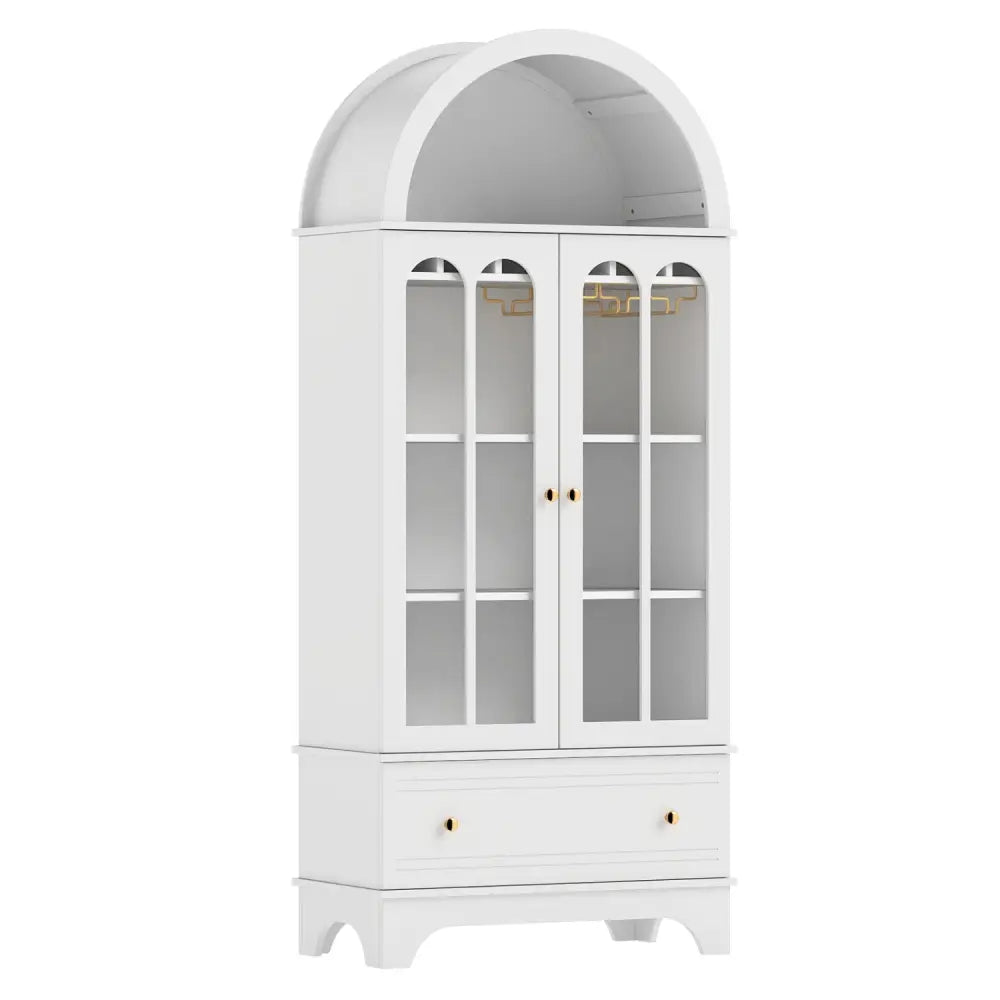 71.5 Inch Arched Cabinet 5-Tier with Tempered Glass Doors and Wine Rack-White - White - Sideboards Cabinets & Buffets
