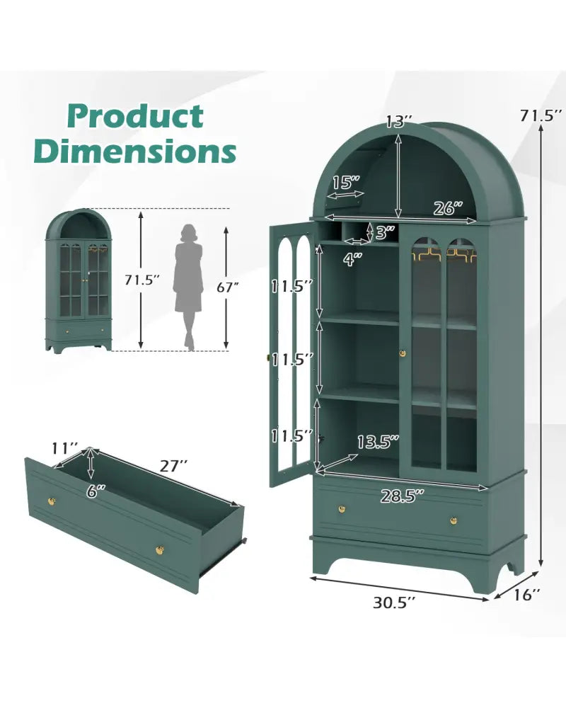 71.5 Inch Arched Cabinet 5-Tier with Tempered Glass Doors and Wine Rack-Green - Green - Sideboards Cabinets & Buffets