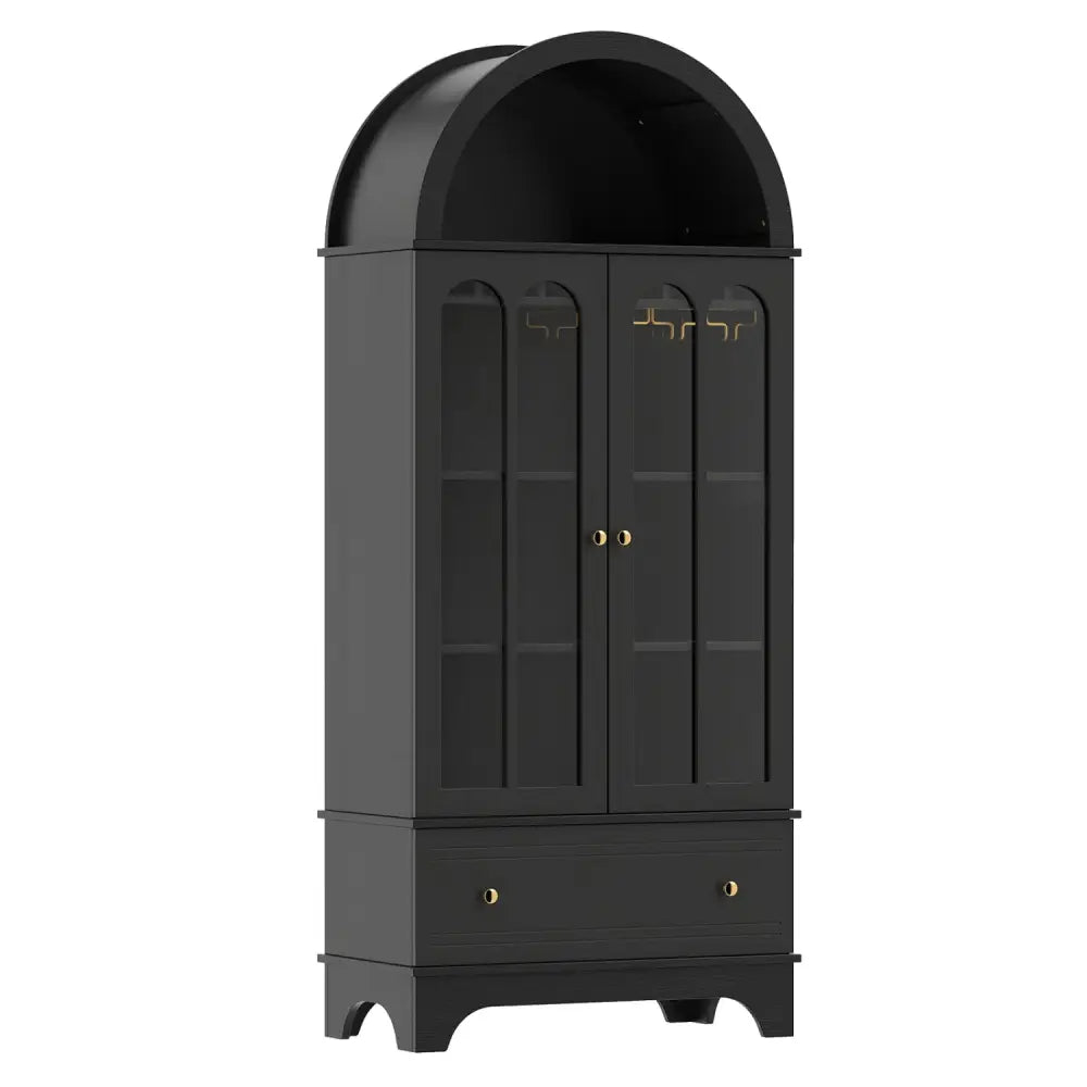 71.5 Inch Arched Cabinet 5-Tier with Tempered Glass Doors and Wine Rack-Black - Black - Sideboards Cabinets & Buffets