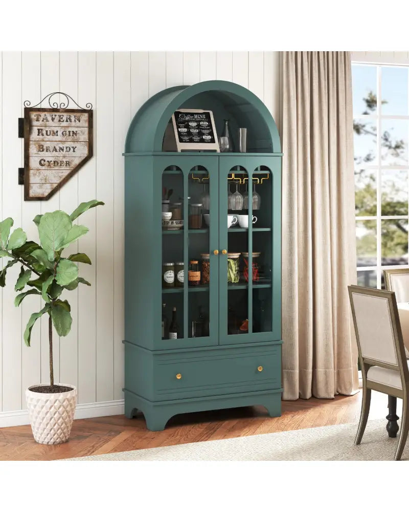71.5 Inch Arched Cabinet 5-Tier with Tempered Glass Doors and Wine Rack-Green - Green - Sideboards Cabinets & Buffets