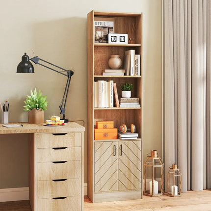 71 Inch 6-Tier Tall Bookshelf with Double Doors 4 Open Cubes-Oak - Oak - Bookcases