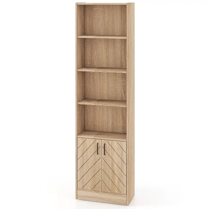 71 Inch 6-Tier Tall Bookshelf with Double Doors 4 Open Cubes-Oak - Oak - Bookcases