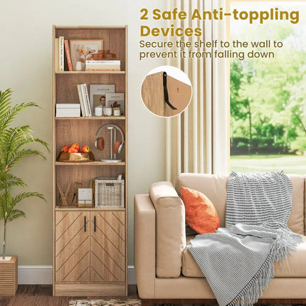 71 Inch 6-Tier Tall Bookshelf with Double Doors 4 Open Cubes-Oak - Oak - Bookcases