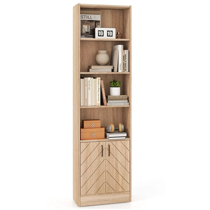 71 Inch 6-Tier Tall Bookshelf with Double Doors 4 Open Cubes-Oak - Oak - Bookcases