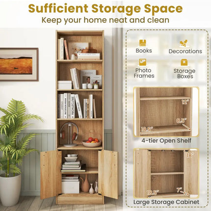 71 Inch 6-Tier Tall Bookshelf with Double Doors 4 Open Cubes-Oak - Oak - Bookcases