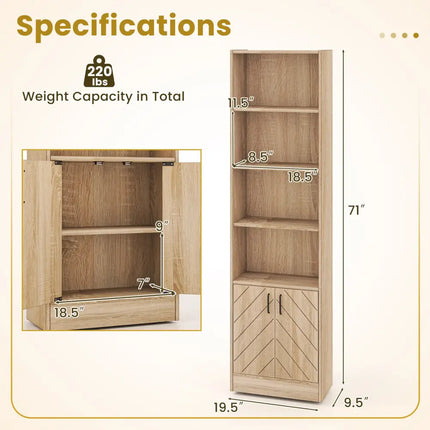 71 Inch 6-Tier Tall Bookshelf with Double Doors 4 Open Cubes-Oak - Oak - Bookcases