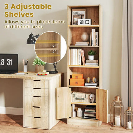 71 Inch 6-Tier Tall Bookshelf with Double Doors 4 Open Cubes-Oak - Oak - Bookcases