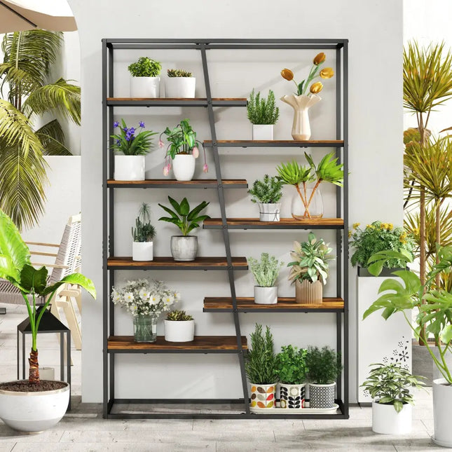 71-Inch 7-Tier Industrial Etagere Bookcase with Heavy-duty Metal Frame-Rustic Brown - Rustic Brown - Bookcases