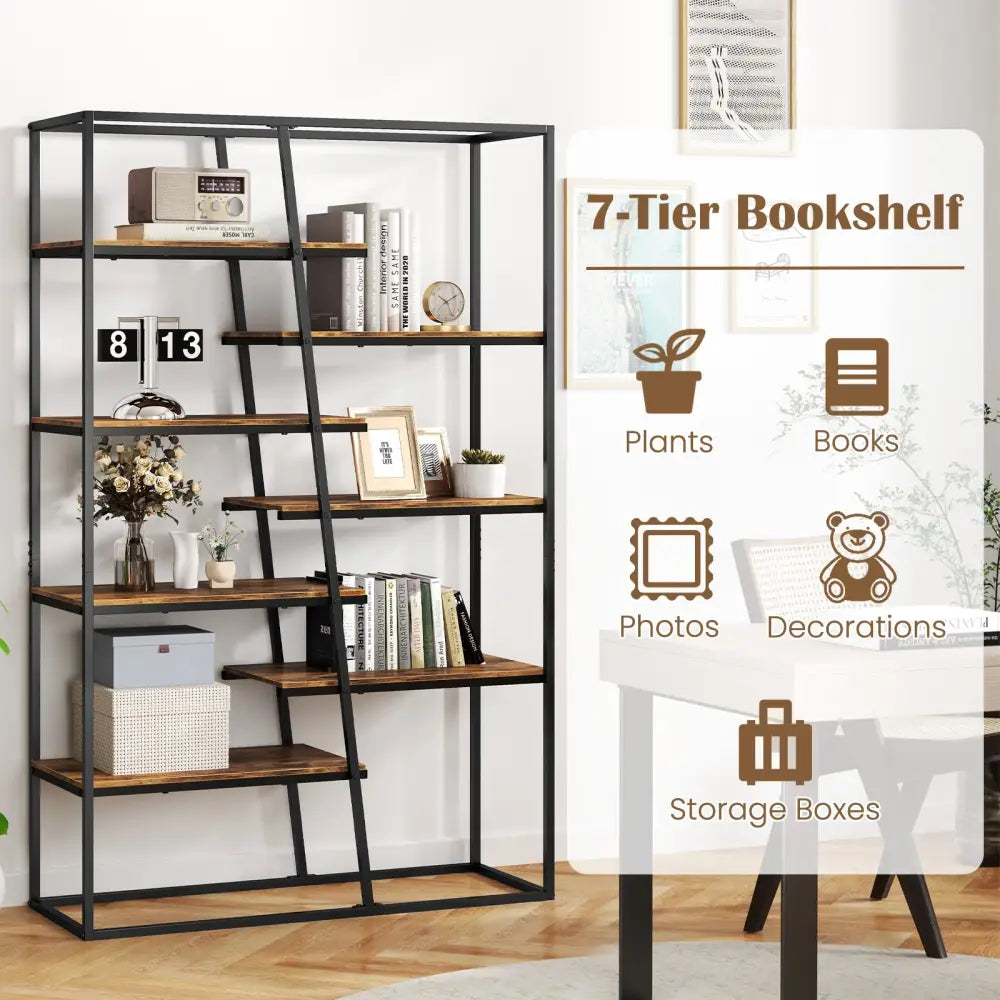 71-Inch 7-Tier Industrial Etagere Bookcase with Heavy-duty Metal Frame-Rustic Brown - Rustic Brown - Bookcases
