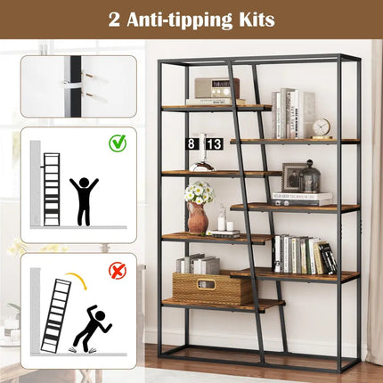 71-Inch 7-Tier Industrial Etagere Bookcase with Heavy-duty Metal Frame-Rustic Brown - Rustic Brown - Bookcases
