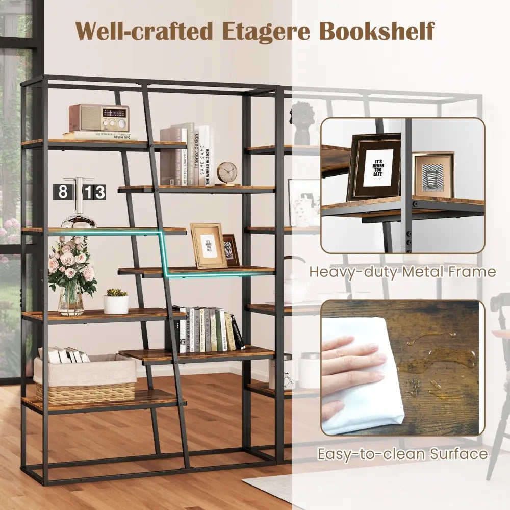 71-Inch 7-Tier Industrial Etagere Bookcase with Heavy-duty Metal Frame-Rustic Brown - Rustic Brown - Bookcases