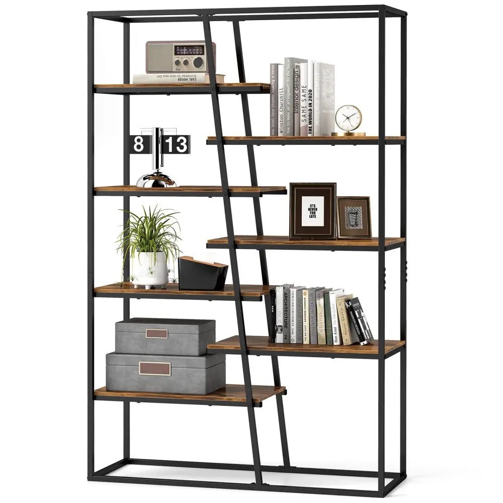 71-Inch 7-Tier Industrial Etagere Bookcase with Heavy-duty Metal Frame-Rustic Brown - Rustic Brown - Bookcases