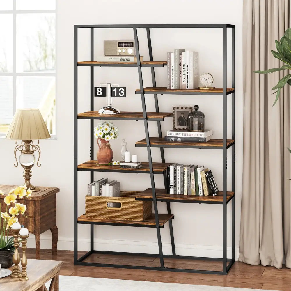 71-Inch 7-Tier Industrial Etagere Bookcase with Heavy-duty Metal Frame-Rustic Brown - Rustic Brown - Bookcases
