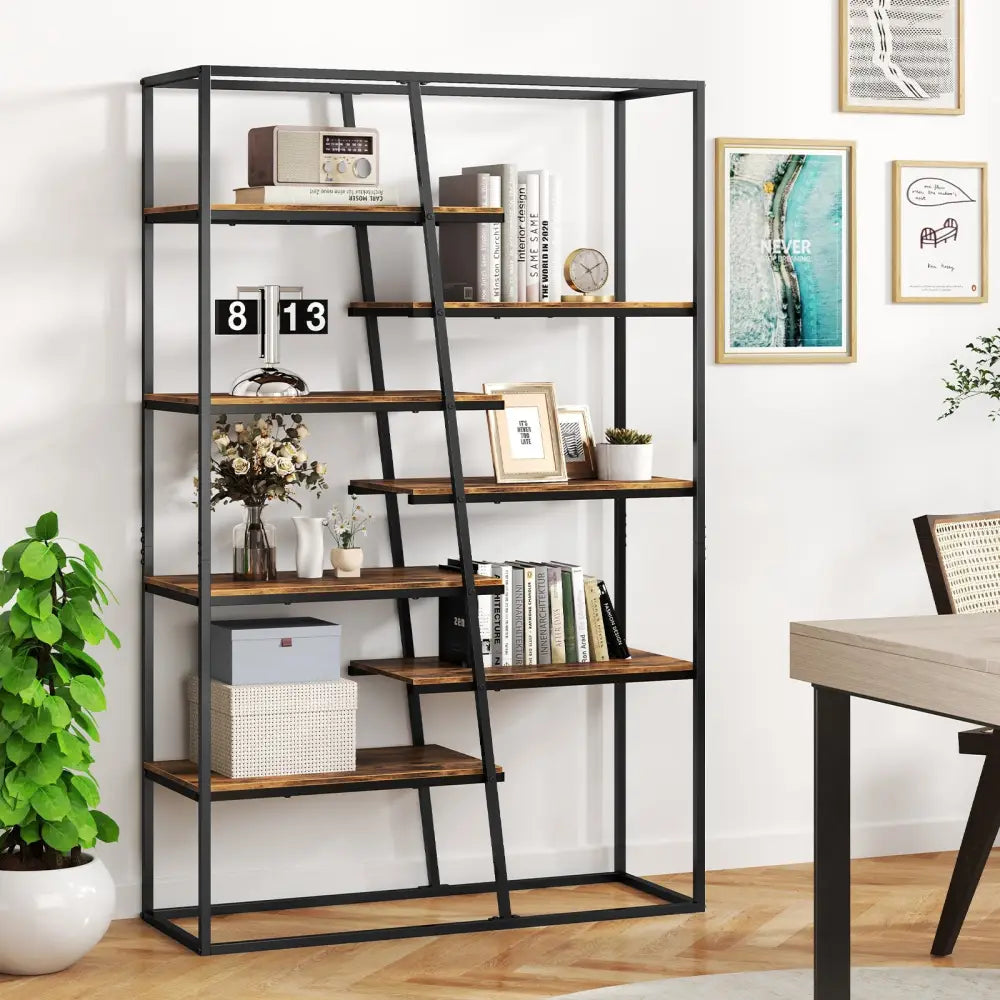 71-Inch 7-Tier Industrial Etagere Bookcase with Heavy-duty Metal Frame-Rustic Brown - Rustic Brown - Bookcases