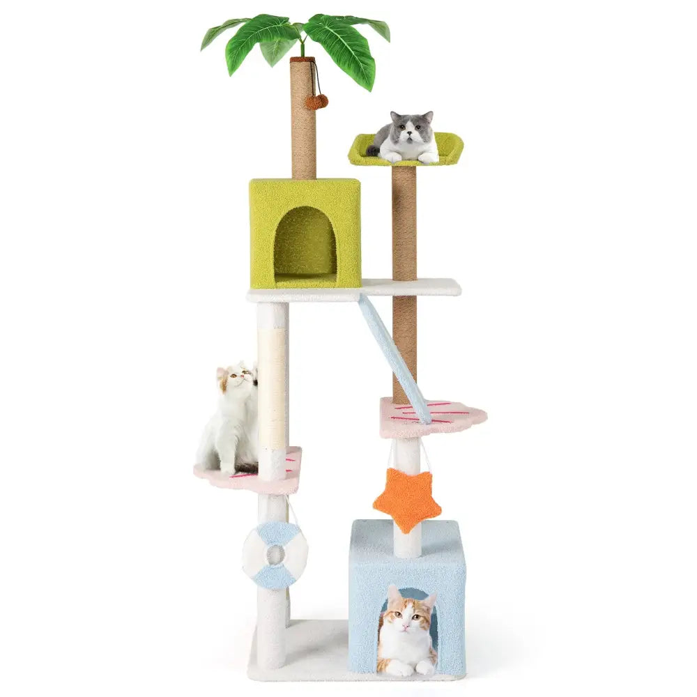 71 Inch Cat Tree Multi-Level Aesthetic Beach-Themed Kitten Tower-Colorful - Multicolor - Cat Trees Condos & Scratchers