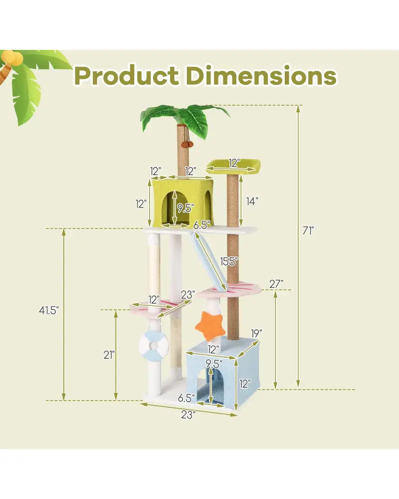 71 Inch Cat Tree Multi-Level Aesthetic Beach-Themed Kitten Tower-Colorful - Multicolor - Cat Trees Condos & Scratchers