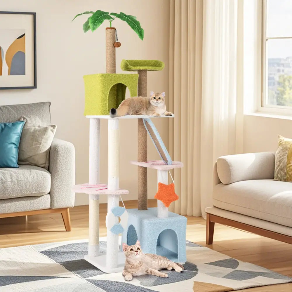 71 Inch Cat Tree Multi-Level Aesthetic Beach-Themed Kitten Tower-Colorful - Multicolor - Cat Trees Condos & Scratchers