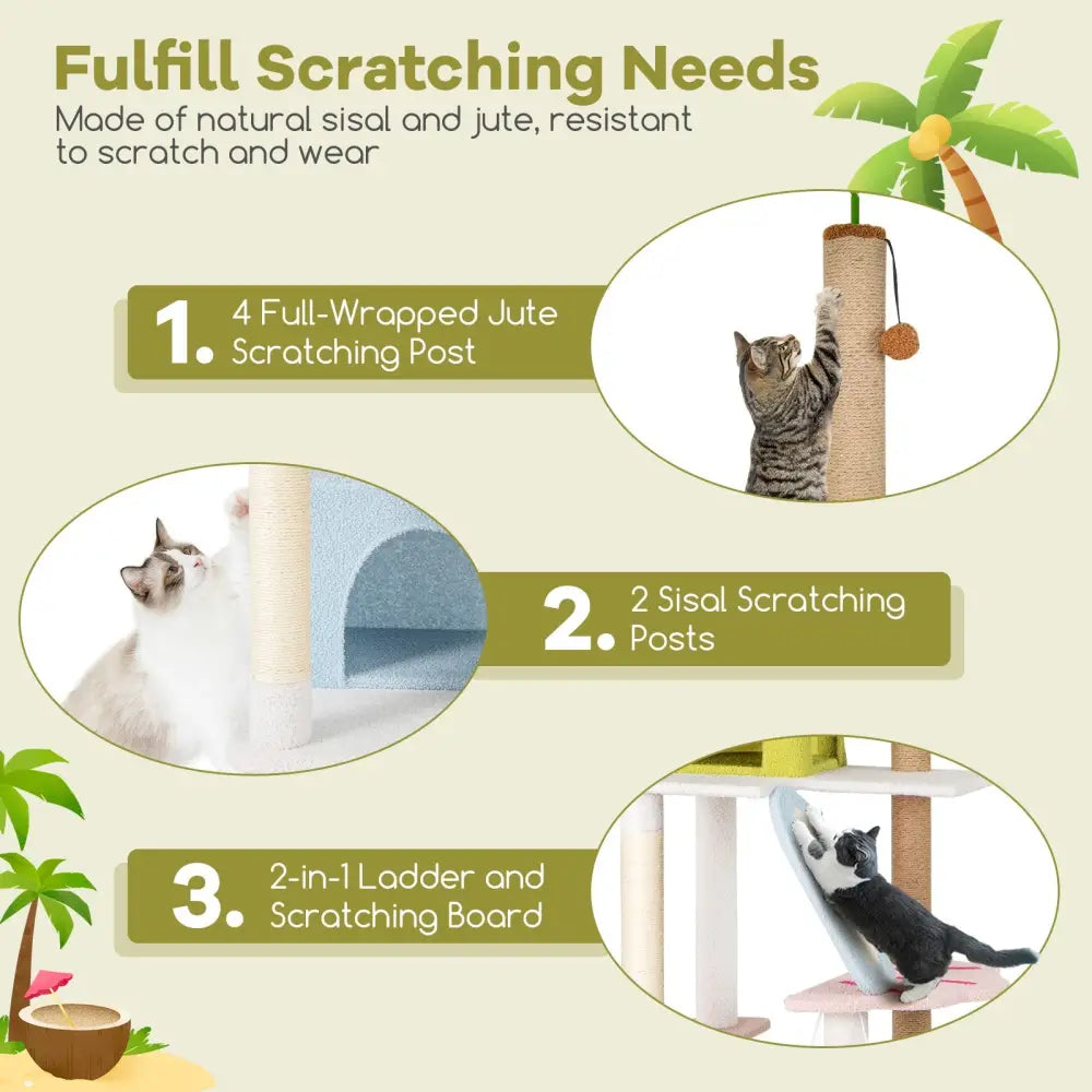 71 Inch Cat Tree Multi-Level Aesthetic Beach-Themed Kitten Tower-Colorful - Multicolor - Cat Trees Condos & Scratchers
