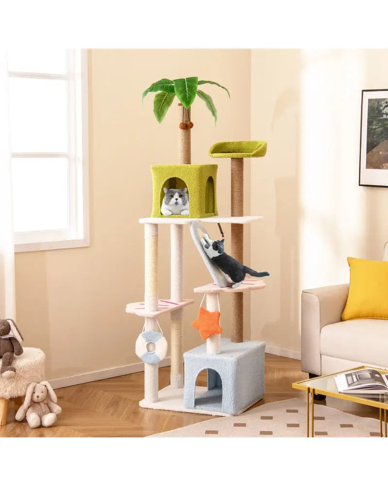 71 Inch Cat Tree Multi-Level Aesthetic Beach-Themed Kitten Tower-Colorful - Multicolor - Cat Trees Condos & Scratchers