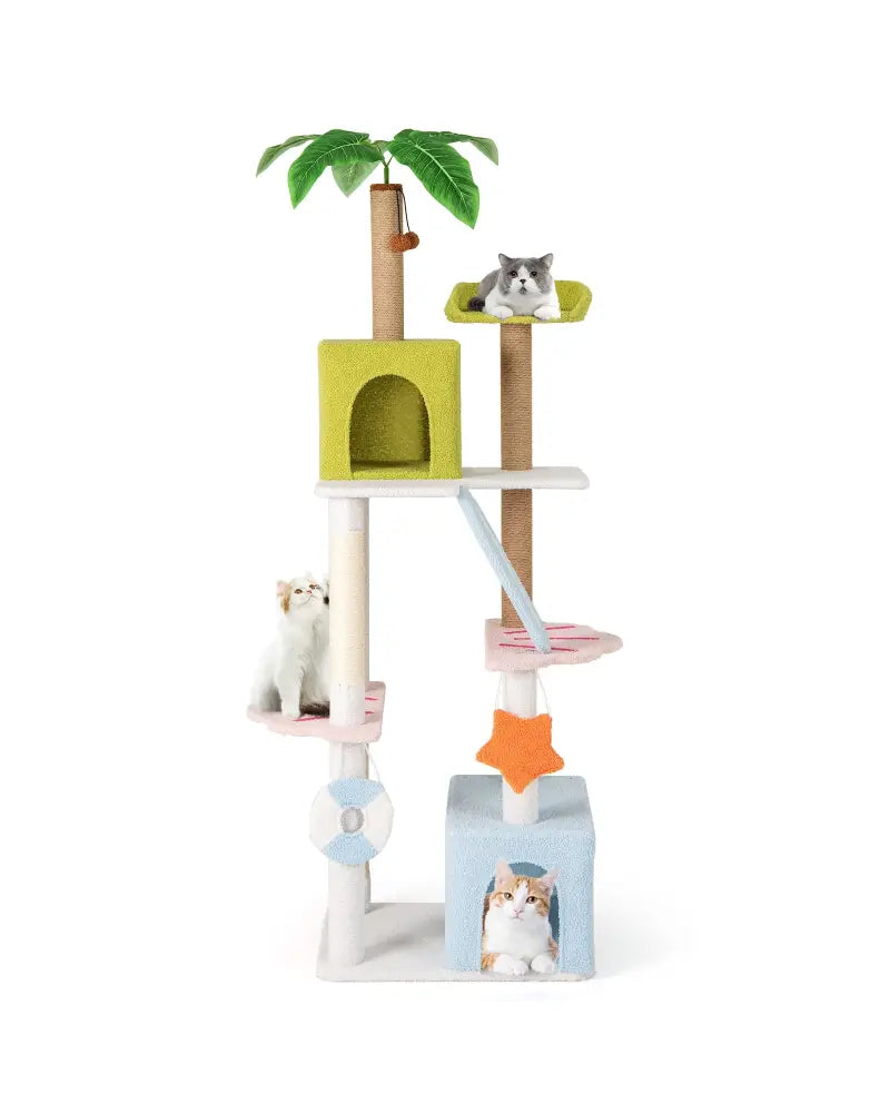 71 Inch Cat Tree Multi-Level Aesthetic Beach-Themed Kitten Tower-Colorful - Multicolor - Cat Trees Condos & Scratchers