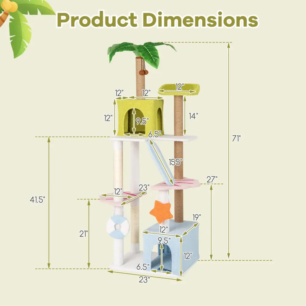 71 Inch Cat Tree Multi-Level Aesthetic Beach-Themed Kitten Tower-Colorful - Multicolor - Cat Trees Condos & Scratchers