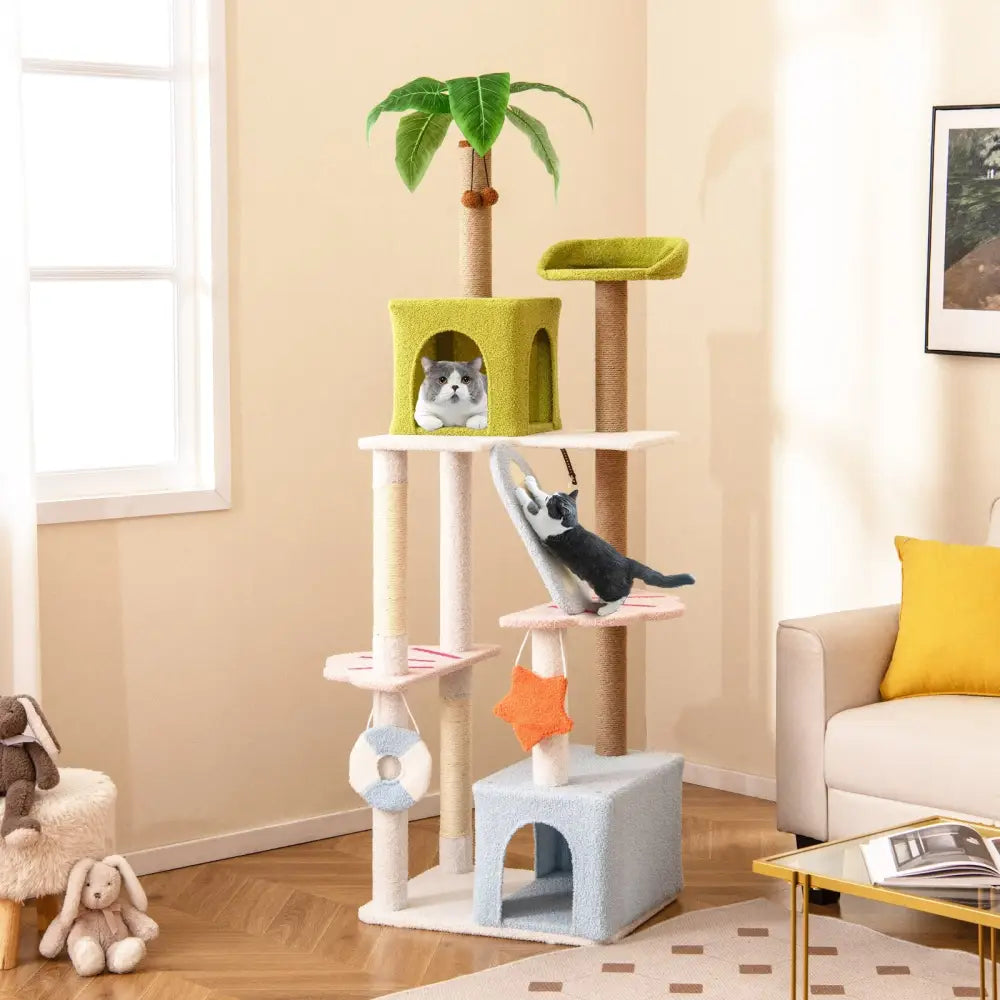 71 Inch Cat Tree Multi-Level Aesthetic Beach-Themed Kitten Tower-Colorful - Multicolor - Cat Trees Condos & Scratchers