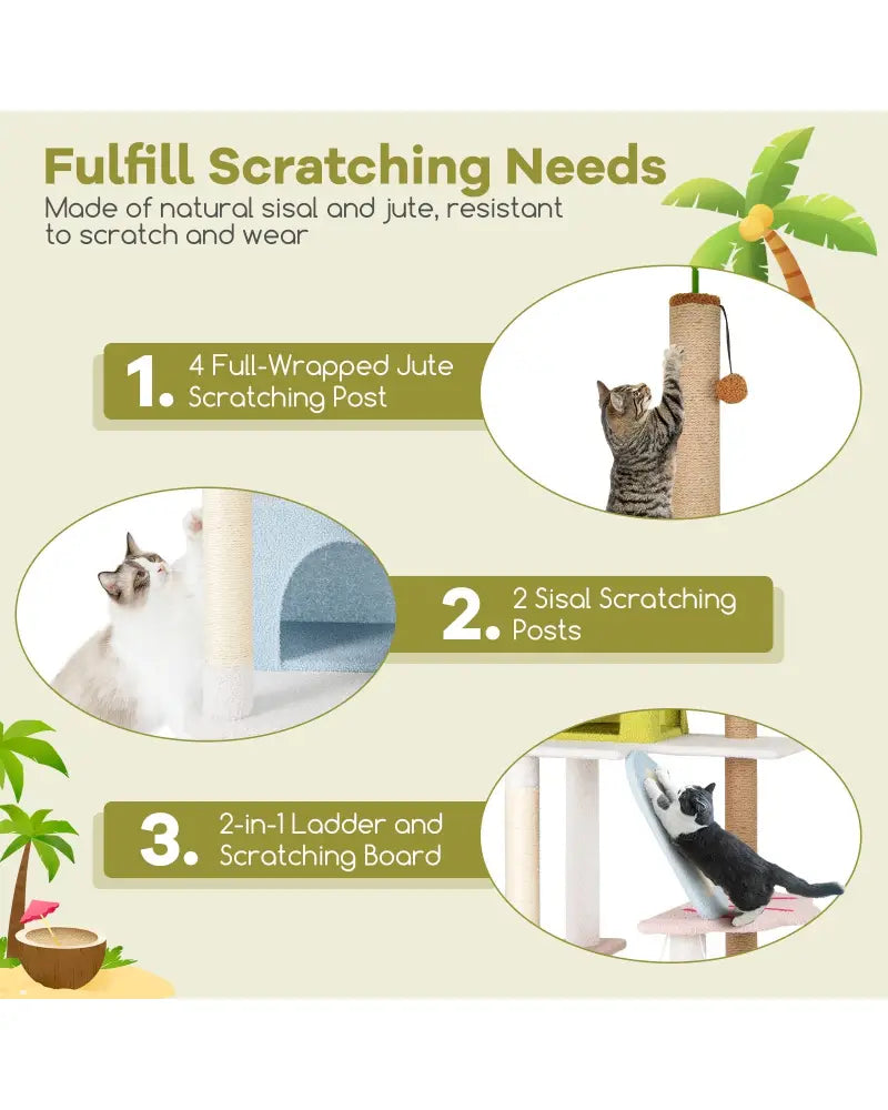 71 Inch Cat Tree Multi-Level Aesthetic Beach-Themed Kitten Tower-Colorful - Multicolor - Cat Trees Condos & Scratchers