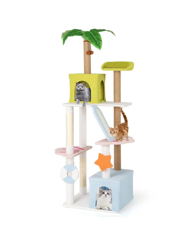 71 Inch Cat Tree Multi-Level Aesthetic Beach-Themed Kitten Tower-Colorful - Multicolor - Cat Trees Condos & Scratchers