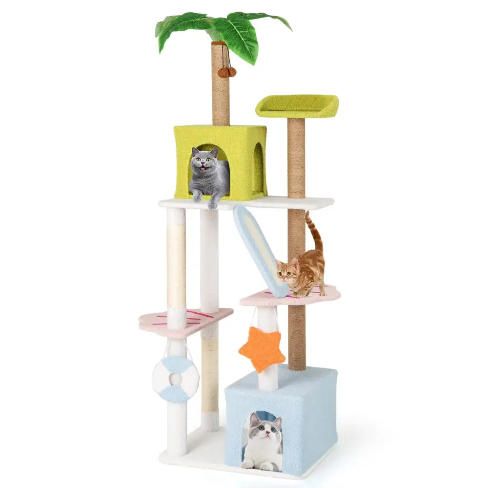 71 Inch Cat Tree Multi-Level Aesthetic Beach-Themed Kitten Tower-Colorful - Multicolor - Cat Trees Condos & Scratchers