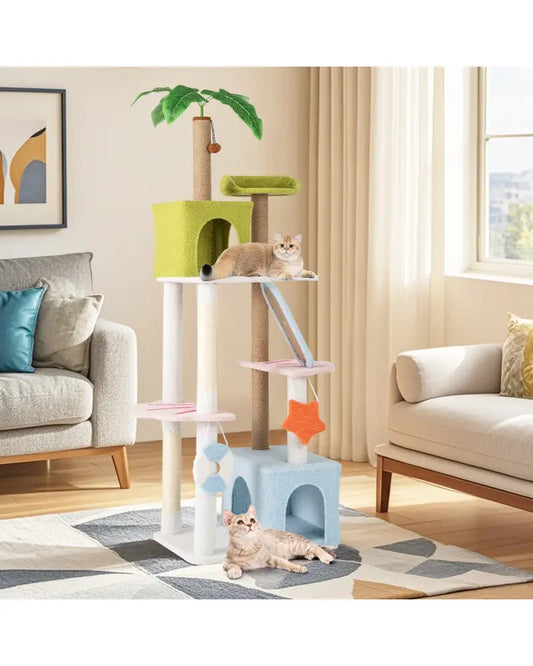 71 Inch Cat Tree Multi-Level Aesthetic Beach-Themed Kitten Tower-Colorful - Multicolor - Cat Trees Condos & Scratchers