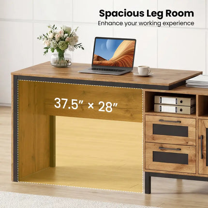 71-Inch Computer Table with Open Compartments and Drawers-Natural - Natural - Computer Desks