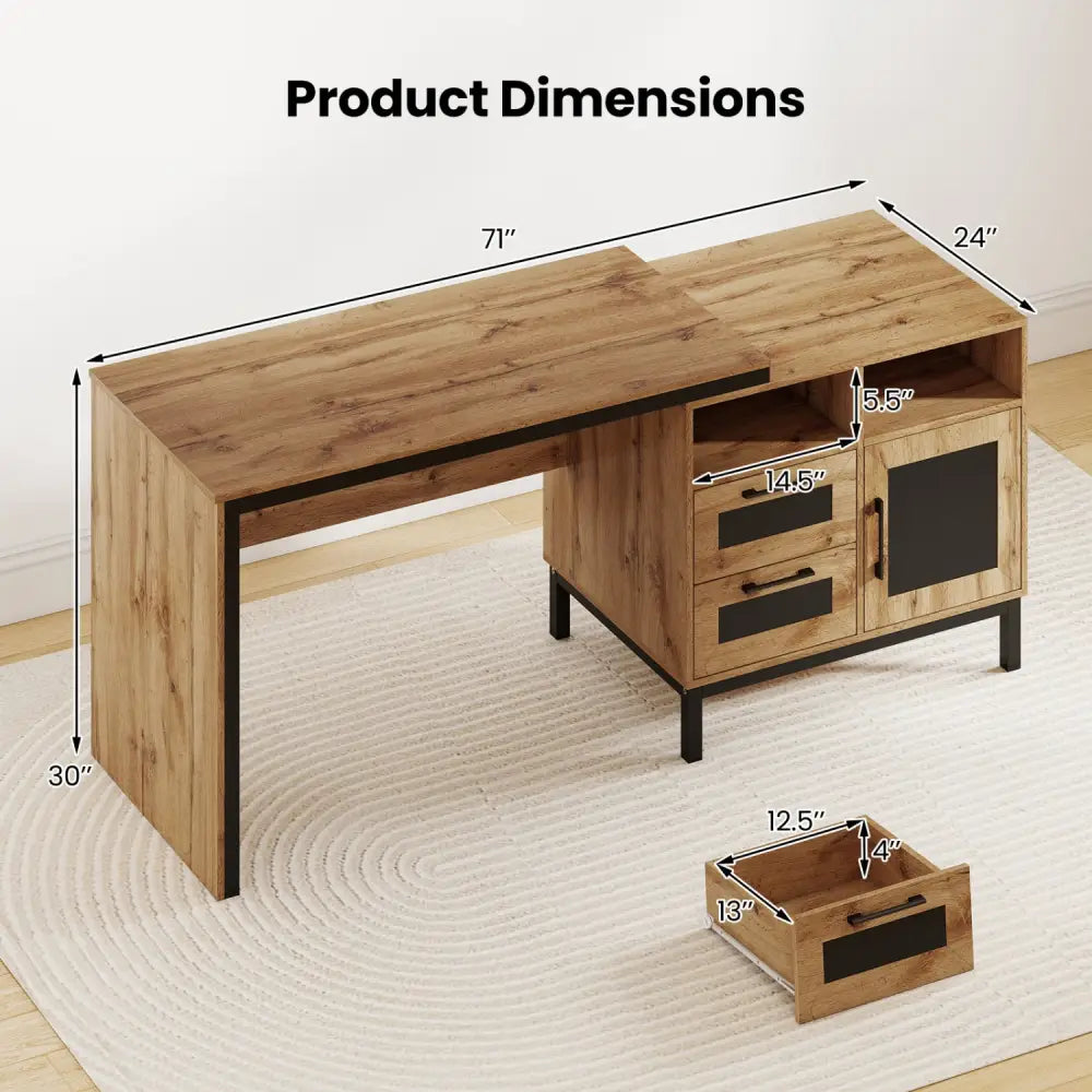71-Inch Computer Table with Open Compartments and Drawers-Natural - Natural - Computer Desks