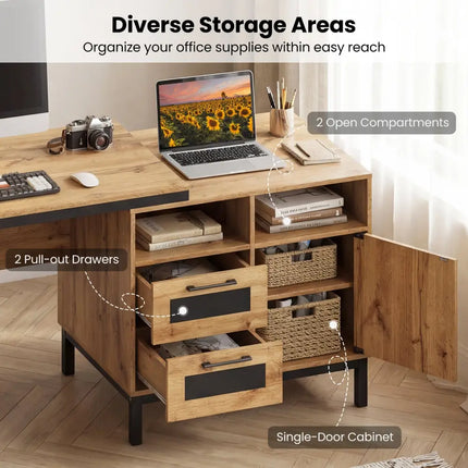 71-Inch Computer Table with Open Compartments and Drawers-Natural - Natural - Computer Desks
